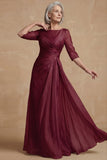 Dusty Sage Ruched A Line Boat Neck Long Mother of the Bride Dress
