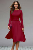 Lilac Round Neck A Line Midi Work Dress with Belt