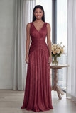 Dusty Rose A Line V Neck Pleated Long Evening Dress
