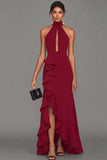 Black Halter Neck Sheath Ruffled Cut Out Long Evening Dress with Slit