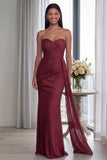 Back Strapless Sheath Ruched Long Evening Dress with Ribbon
