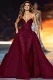 Sparkly Dark Red Strapless Sequin Long Pageant Dress with Cape