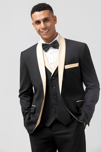 Black and Champagne 3 Pieces One Button Shawl Lapel Men's Suits