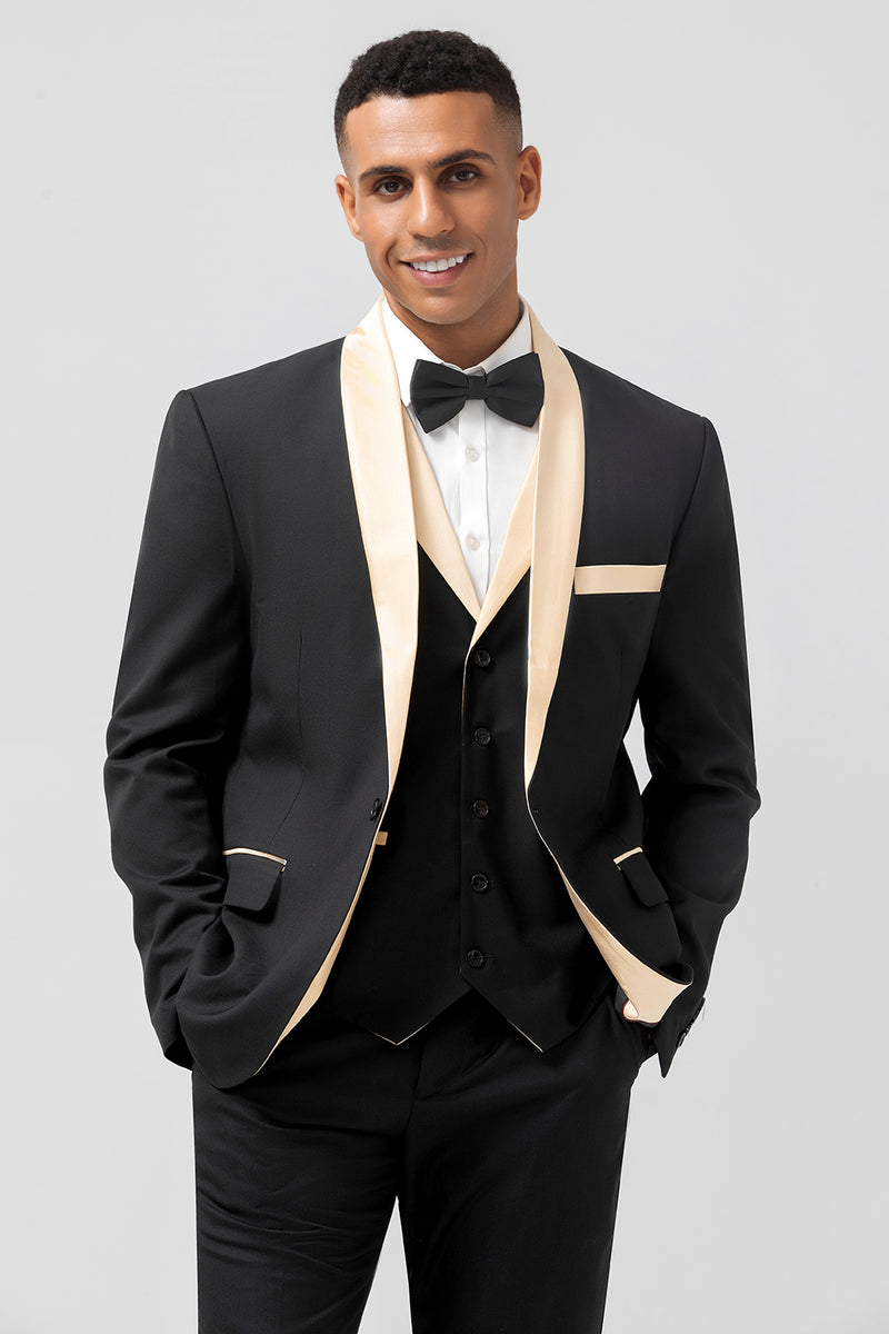 Load image into Gallery viewer, Black and Champagne 3 Pieces One Button Shawl Lapel Men&#39;s Suits