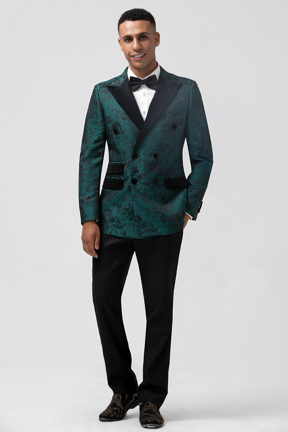 Dark Green Peak Lapel Jacquard 2 Pieces Single Breasted Men's Suits