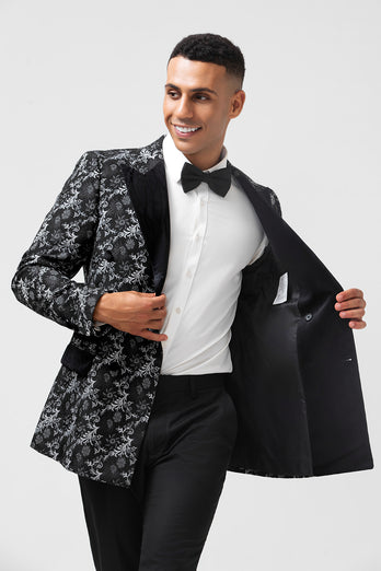 Single Breasted Peak Lapel 2 Pieces Black Jacquard Men's Suits