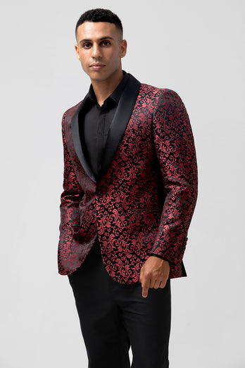 Red Shawl Lapel 2 Pieces Jacquard One Button Men's Suits