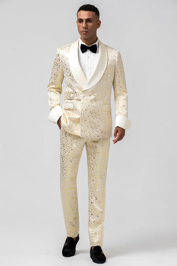 Sparkly Champagne Shawl Lapel Jacquard 2 Pieces Men's Suits