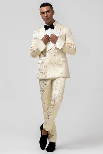 Sparkly Champagne Shawl Lapel Jacquard 2 Pieces Men's Suits