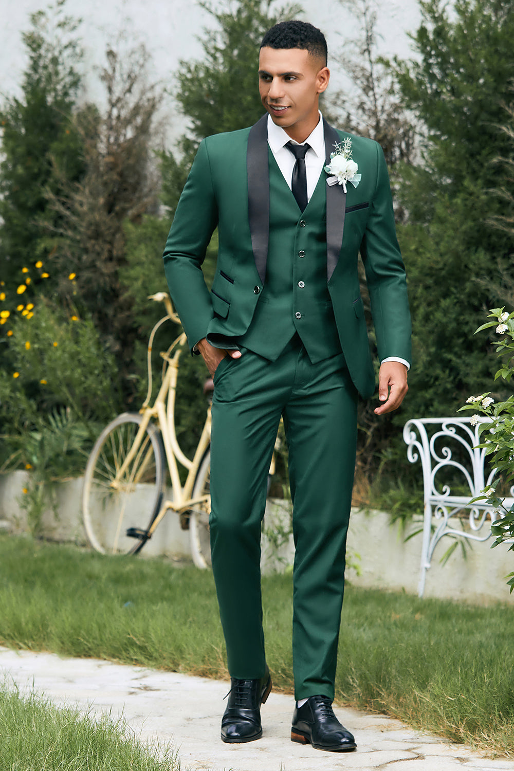 Dark Green Shawl Lapel One Button 3 Pieces Men's Wedding Suits