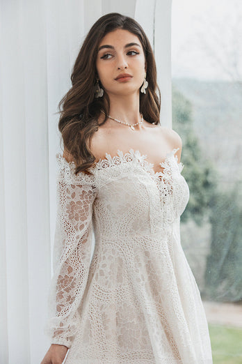 Off the Shoulder Lace White Graduation Dress with Long Sleeves