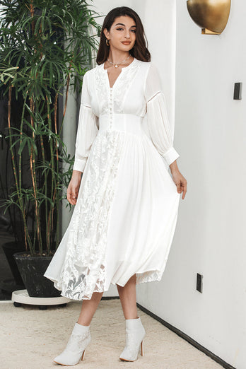 White Boho Long Sleeves Graduation Dress with Lace