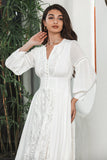 White Boho Long Sleeves Graduation Dress with Lace