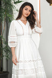 White 3/4 Sleeves Boho Modest Graduation Dress with Lace