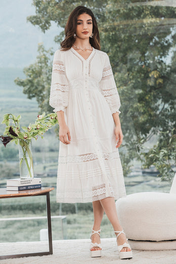 Tea-Length Lace White Graduation Dress with Long Sleeves