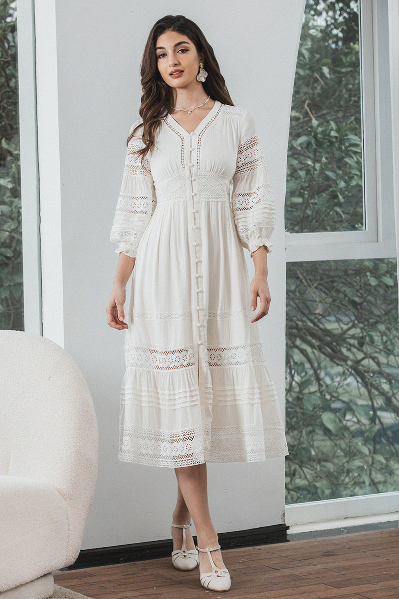 Load image into Gallery viewer, Tea-Length Lace White Graduation Dress with Long Sleeves