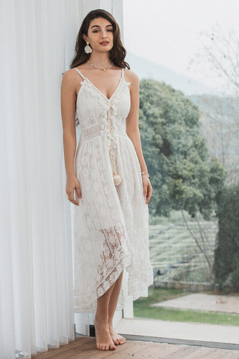 Spaghetti Straps High-Low White Graduation Dress with Lace