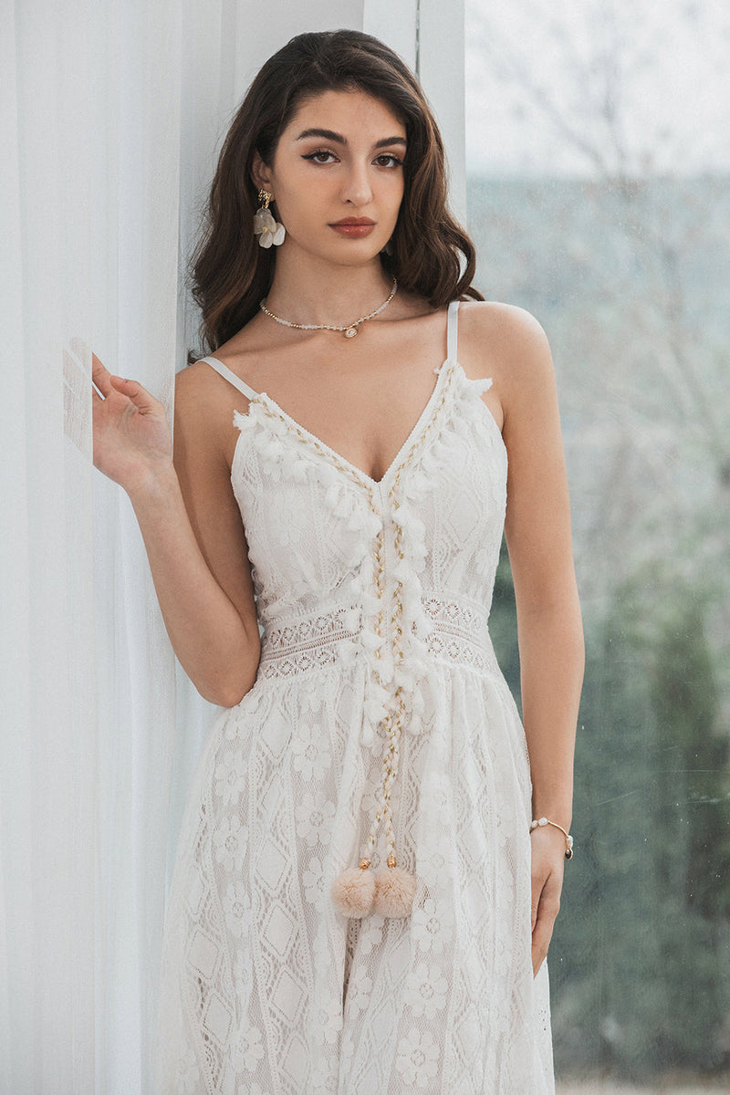 Load image into Gallery viewer, Spaghetti Straps High-Low White Graduation Dress with Lace