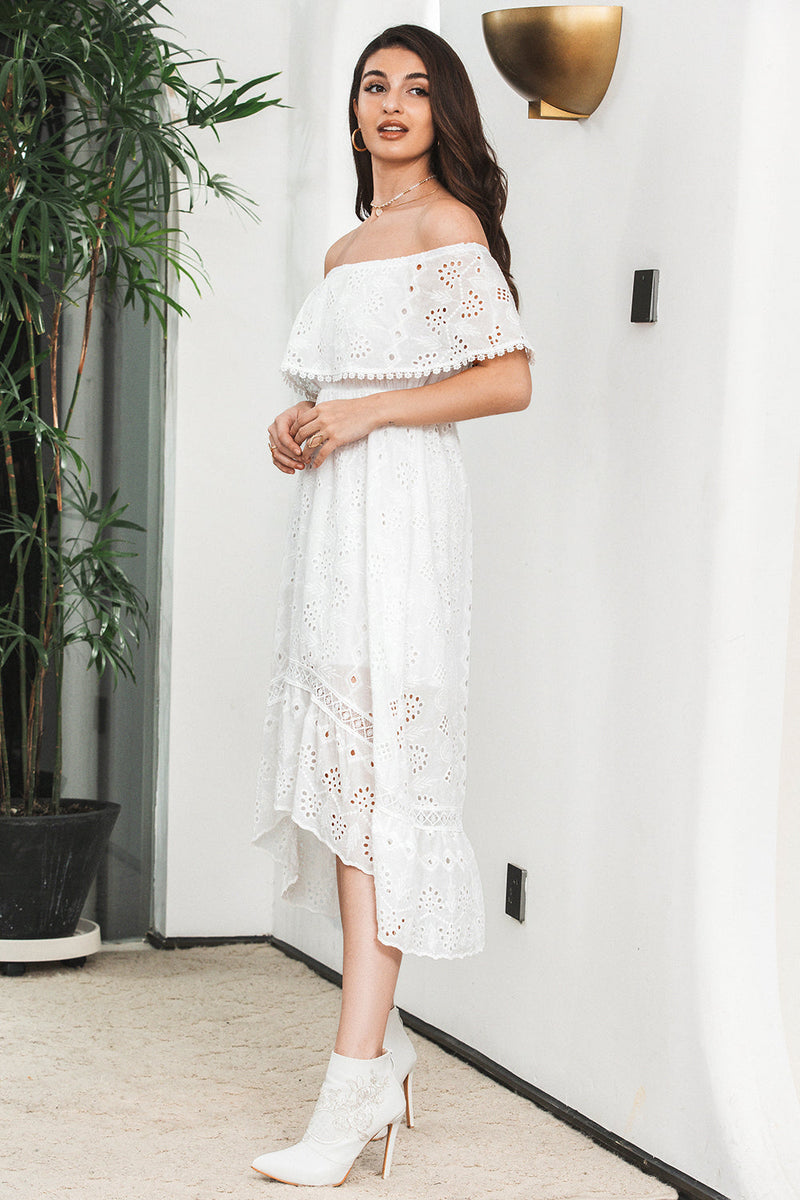 Load image into Gallery viewer, White High Low Hollow Boho Asymmetrical Graduation Dress