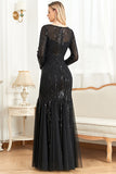 Sparkly Black Mermaid Sequins Boat Neck Choir Dress with Long Sleeves