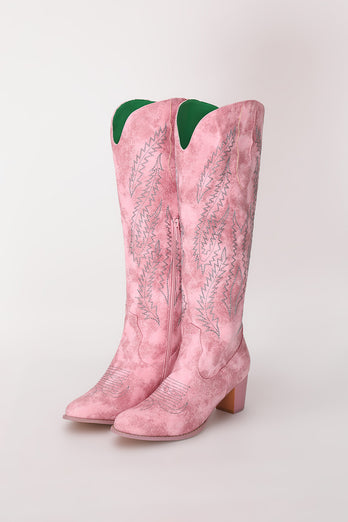 Dusty Rose Embroidered Mid Calf Cowgirl Boho Boots