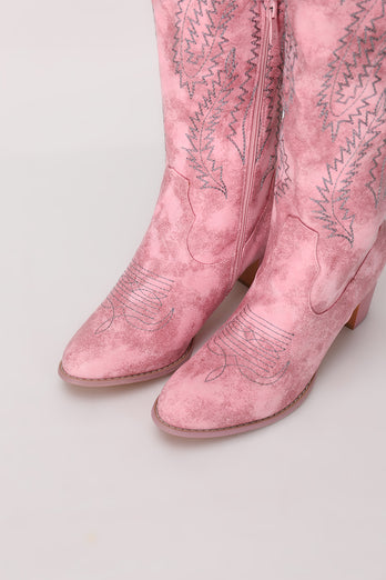 Dusty Rose Embroidered Mid Calf Cowgirl Boho Boots