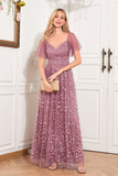 Dusty Rose A-Line V-Neck Embroidered Long Choir Dress