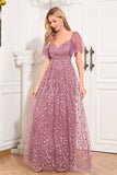 Dusty Rose A-Line V-Neck Embroidered Long Choir Dress
