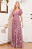 Dusty Rose A-Line V-Neck Embroidered Long Choir Dress