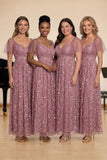 Dusty Rose A-Line V-Neck Embroidered Long Choir Dress