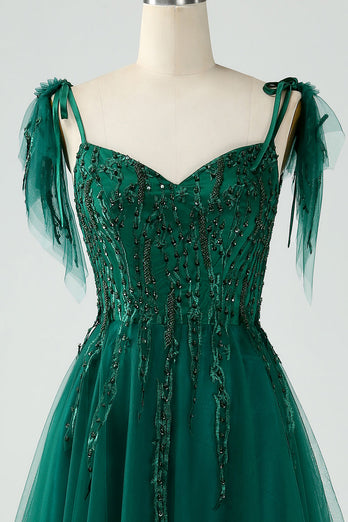 Dark Green A-Line Spaghetti Straps Tulle Long Prom Dress with Beading