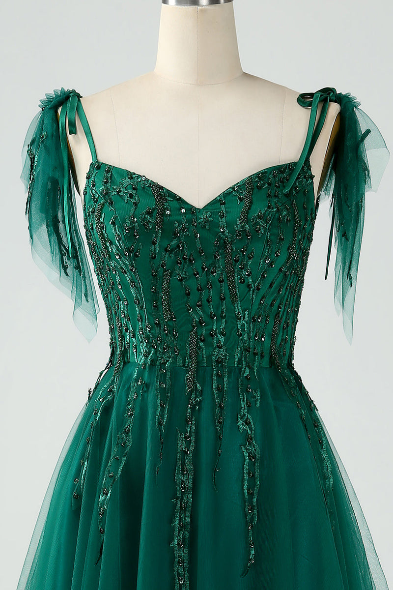 Load image into Gallery viewer, Dark Green A-Line Spaghetti Straps Tulle Long Prom Dress with Beading