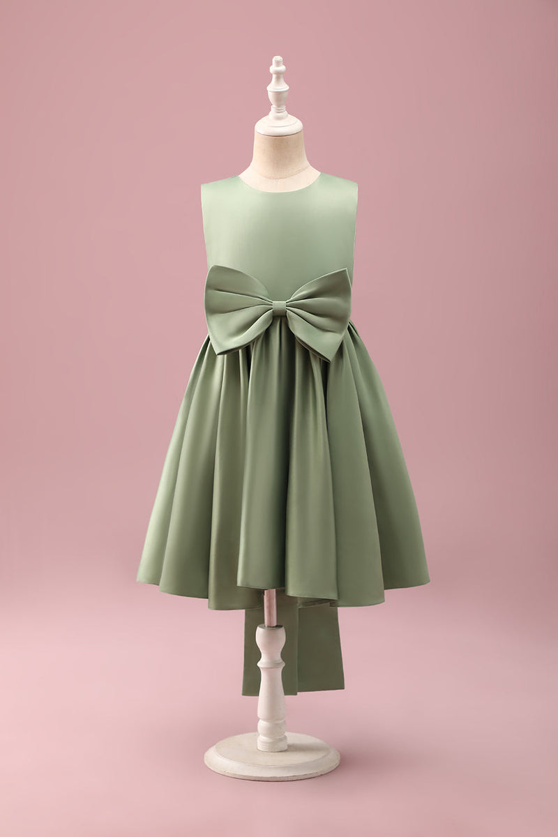 Load image into Gallery viewer, Grey Green A-Line Round Neck Satin Flower Girl Dress with Bow