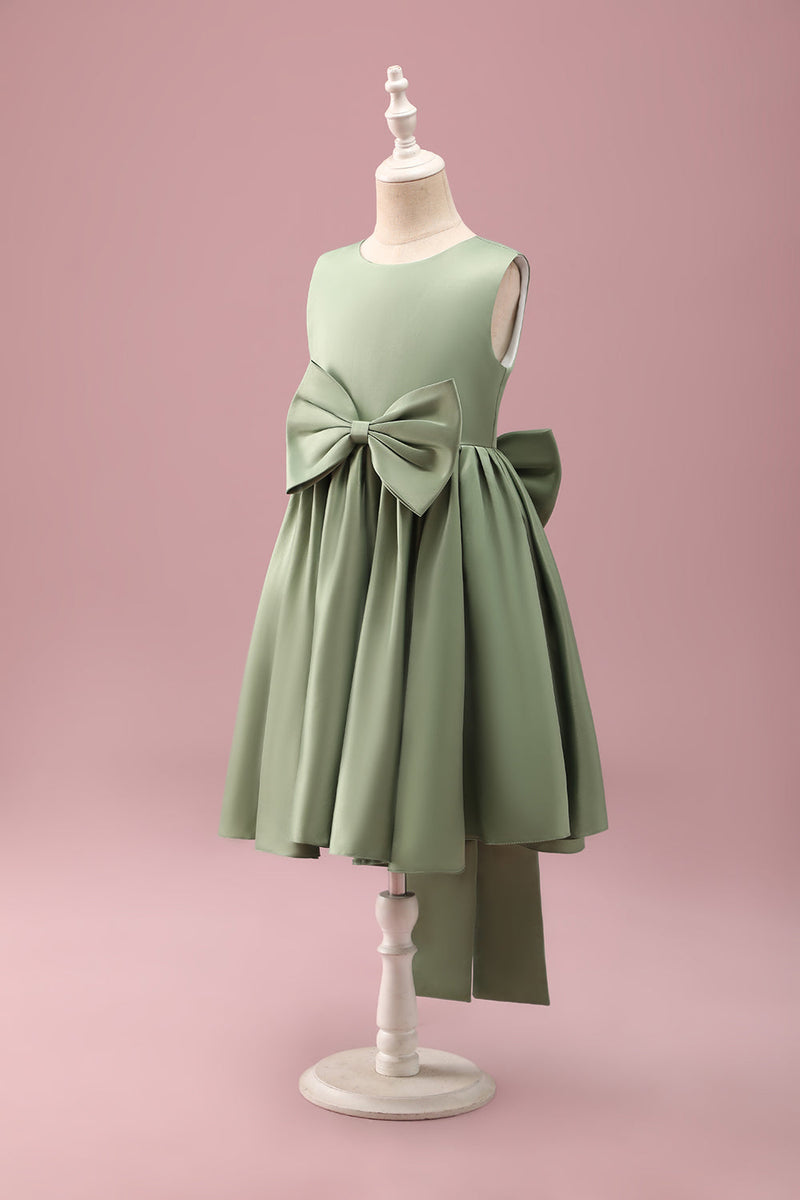 Load image into Gallery viewer, Grey Green A-Line Round Neck Satin Flower Girl Dress with Bow