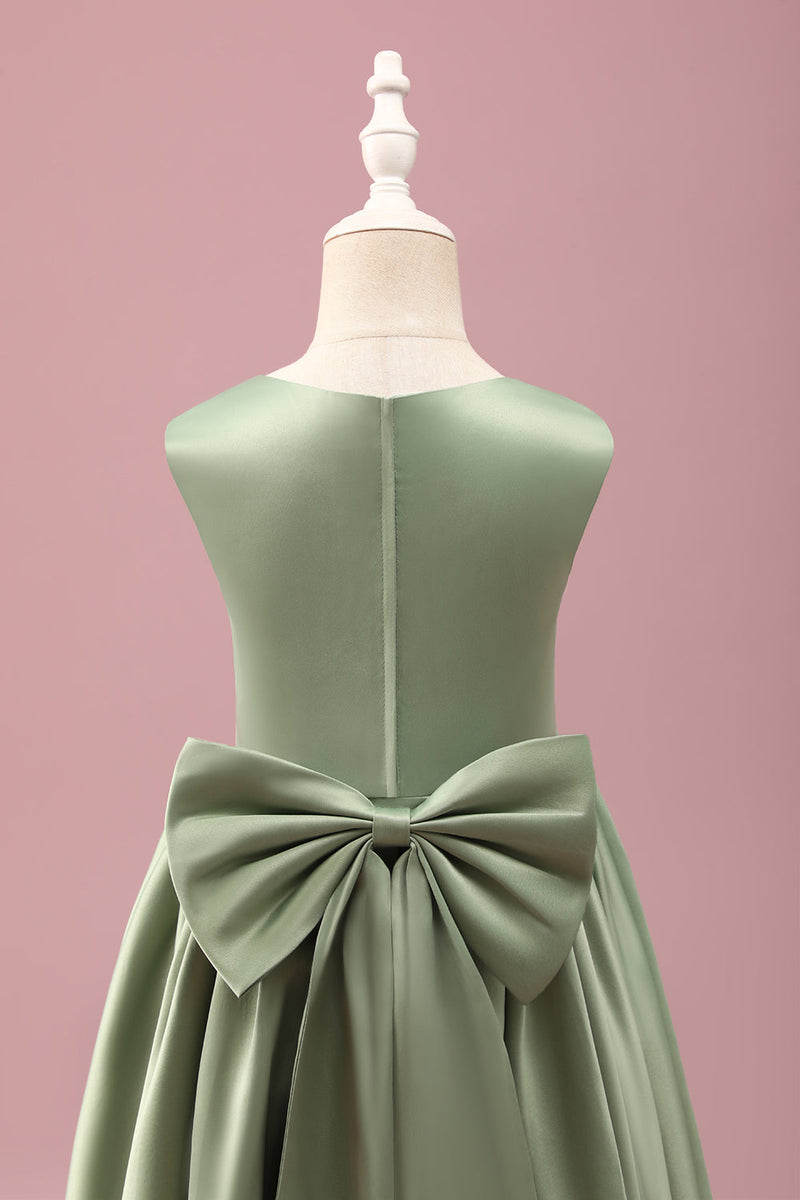 Load image into Gallery viewer, Grey Green A-Line Round Neck Satin Flower Girl Dress with Bow