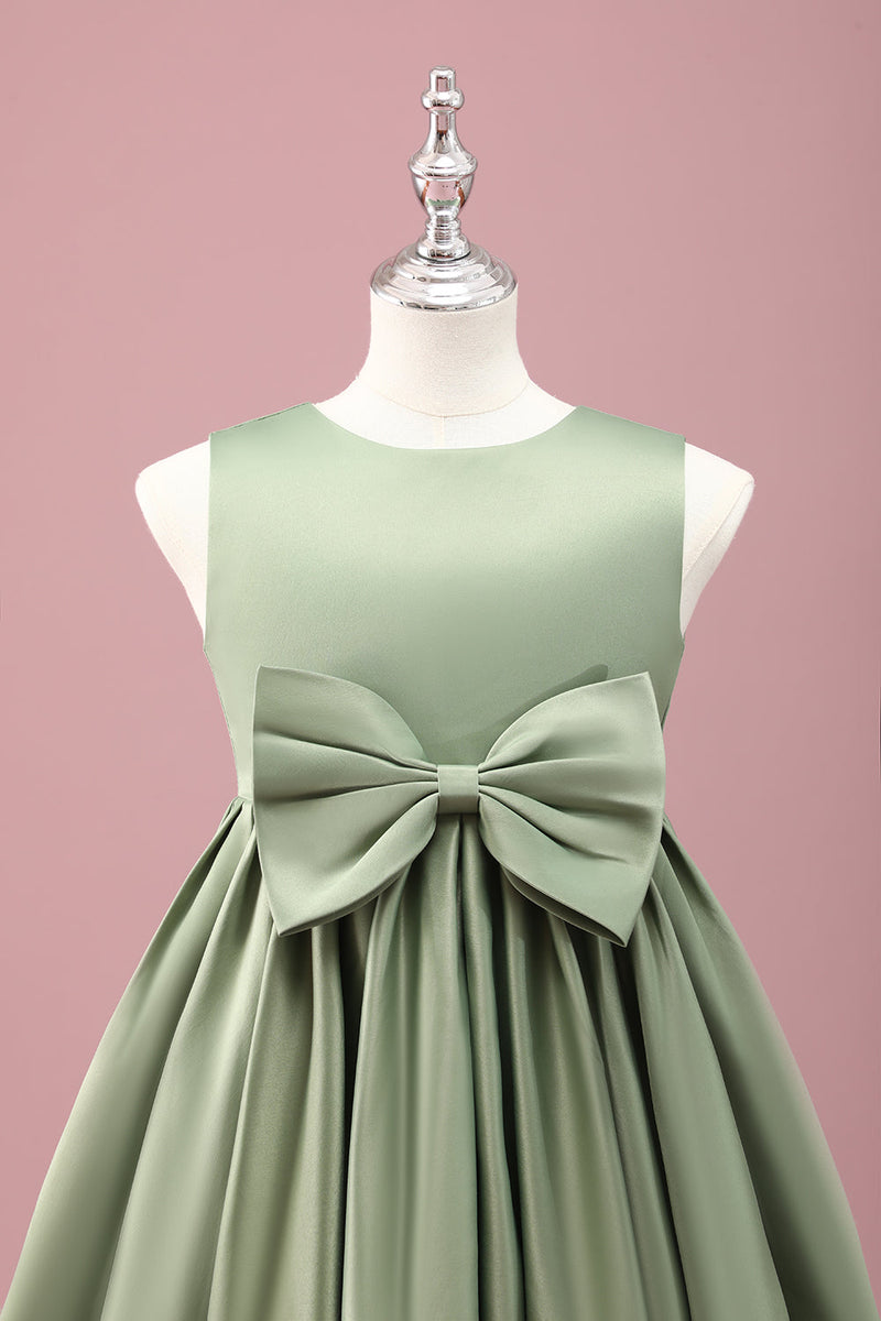 Load image into Gallery viewer, Grey Green A-Line Round Neck Satin Flower Girl Dress with Bow