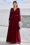 Burgundy Appliqued A Line Long Sleeves Chiffon Choir Dress