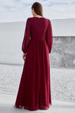 Burgundy Appliqued A Line Long Sleeves Chiffon Choir Dress