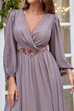 Burgundy Appliqued A Line Long Sleeves Chiffon Choir Dress