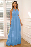Blue A-Line Sleeveless Long Formal Dress