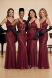 Mermaid Dark Red Sequins Spaghetti Straps Long Choir Dress