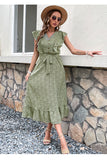 V Neck High Waist Green Summer Dress
