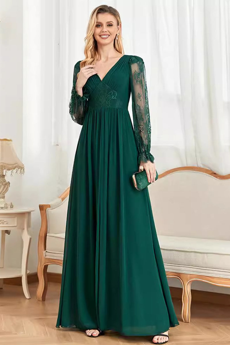 Load image into Gallery viewer, Dark Green Lace Long Sleeves A Line Prom Dress