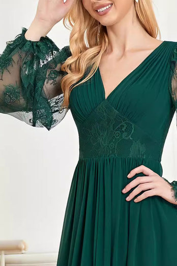 Dark Green Lace Long Sleeves A Line Prom Dress