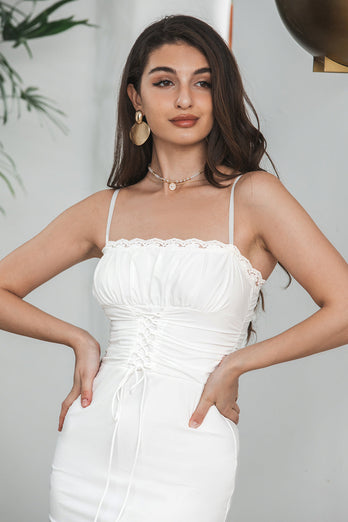 Bodycon Spaghetti Straps White Graduation Dresss with Lace