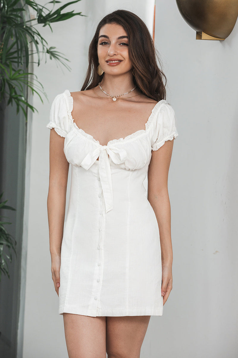 Load image into Gallery viewer, Sheath Single Breasted Lace-Up Little White Dress With Puff Sleeves