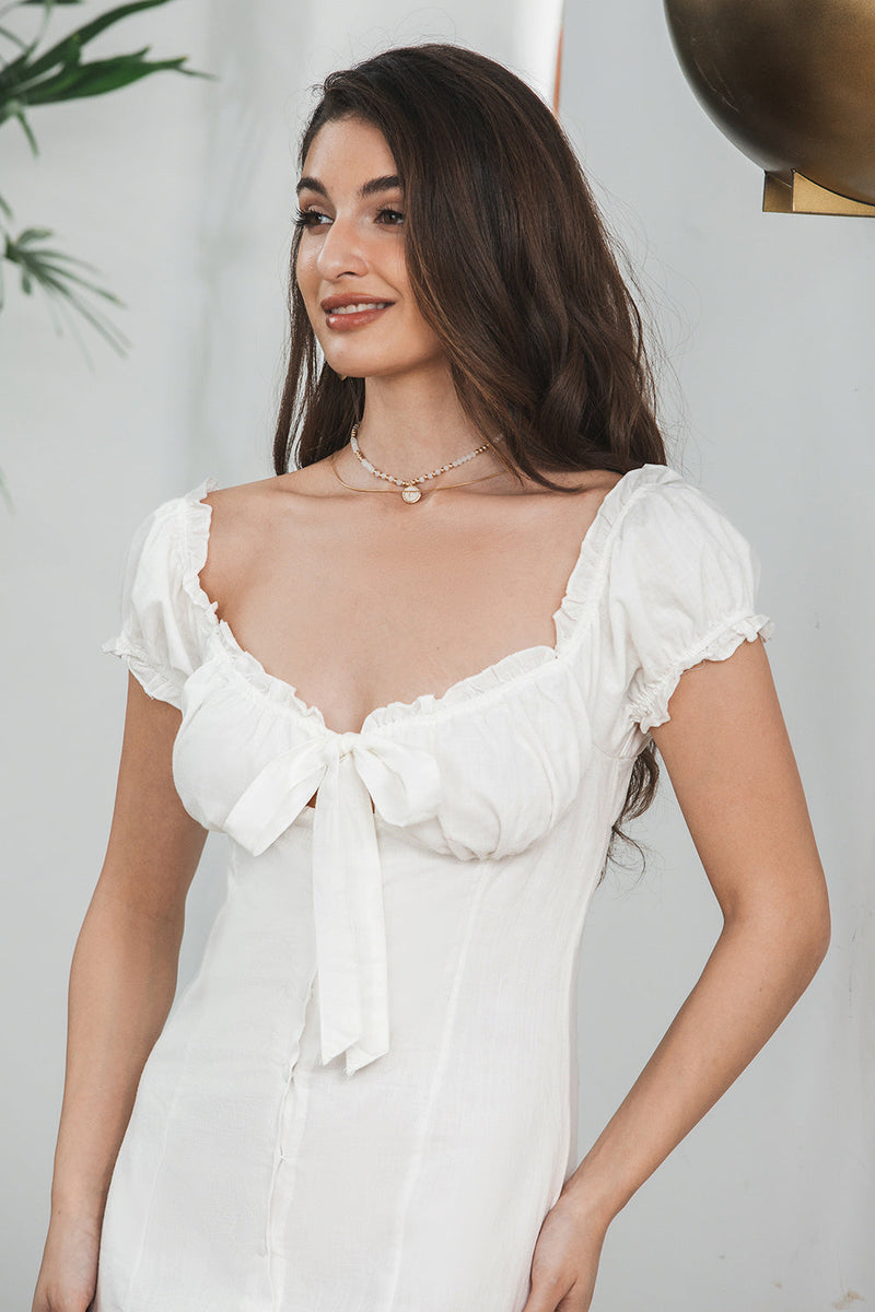 Load image into Gallery viewer, Sheath Single Breasted Lace-Up Little White Dress With Puff Sleeves