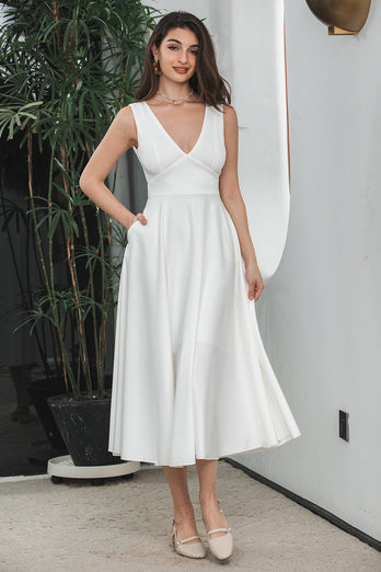 A Line V Neck Sleeveless White Graduation Dress with Hollow-out Back