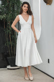 A Line V Neck Sleeveless White Graduation Dress with Hollow-out Back