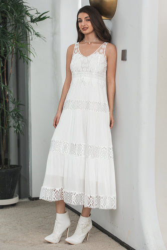 Simple Tea-length Lace White Sleeveless Boho Beach Holiday Dress